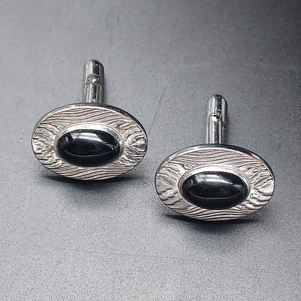 Vintage‎ Anson Silver Tone Black Cufflinks Mens Fashion Accessory